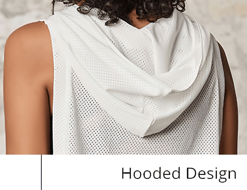 Back view of white hooded mesh tank top, highlighting breathable design for women’s sports and activewear.